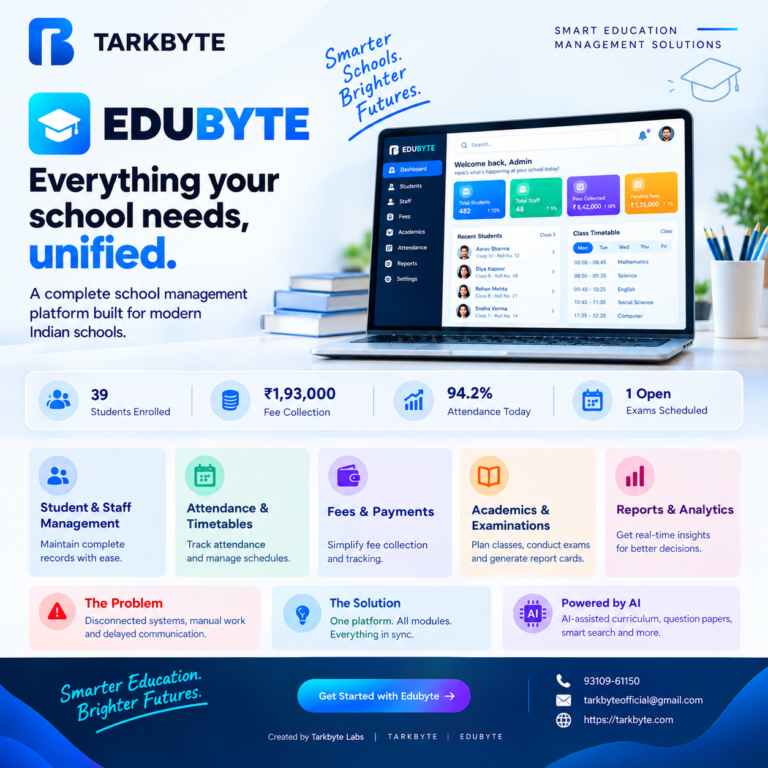 Tarkbyte ERP school management platform featuring student and staff management, attendance, fees, academics, reports, and AI-powered educational tools.
